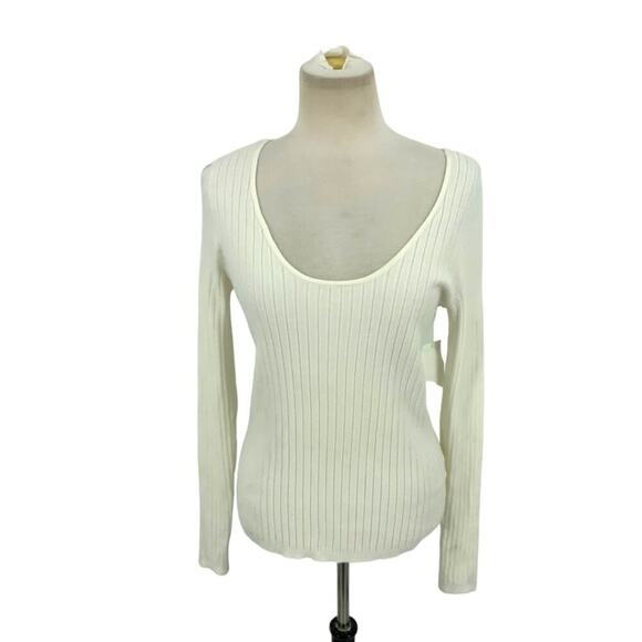Halogen Ribbed Scoop Neck Sweater Ivory Cloud Size Medium NWT $79 MSRP - Picture 2 of 8